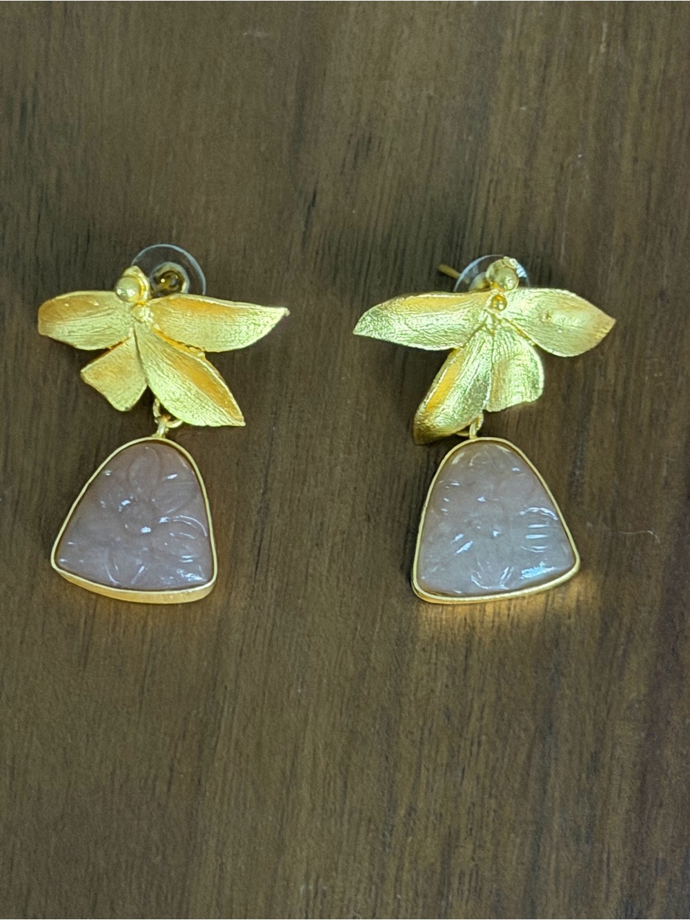 Gold Floral Drop Earrings with Pale Pink Stone